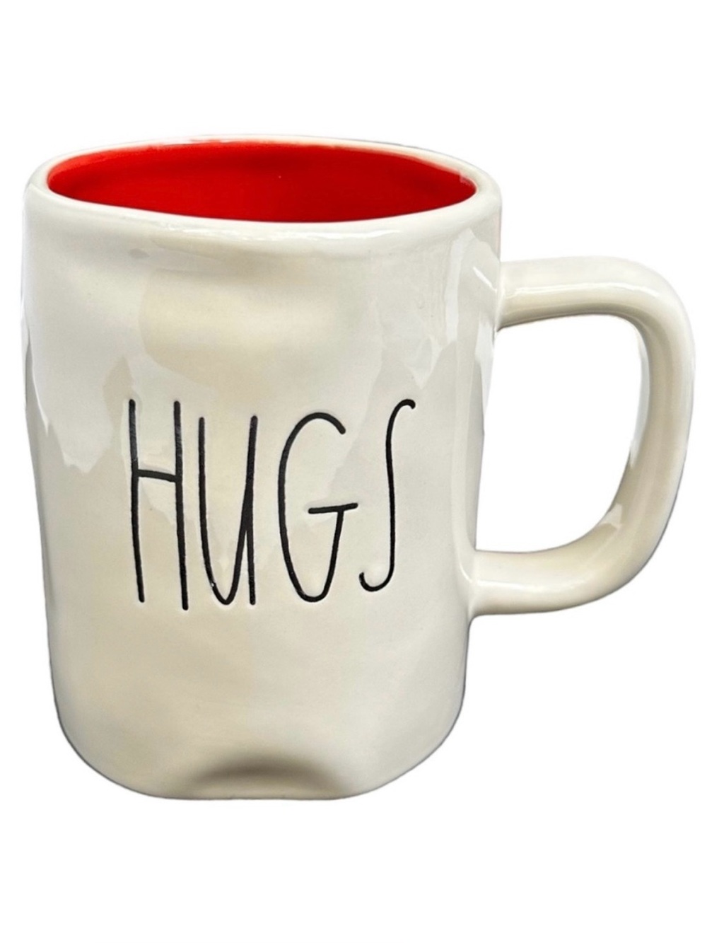 Rae Dunn HUGS Mug White Red Interior Black Large Letters Ceramic Dimples NWT OG